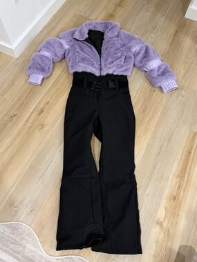 Lilac Cropped Faux Fur Jacket with Black High-Waist Pants